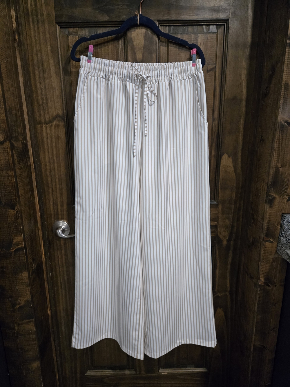 Wide Leg Striped Drawstring Pants - Cream & Taupe NWOT